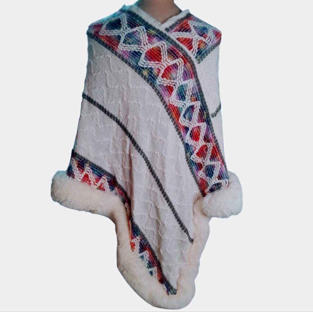 NWT EREPIAO White Poncho Sweater Shawl Wrap Faux Fur Southwestern Stripe